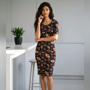 LuLaRoe XXS (00-0) Julia Midi Dress Black Tribal Knit Fitted Sheath Bodycon New